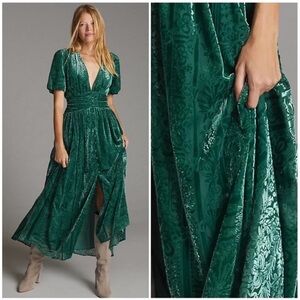 Anthropologie Green Puff-Sleeved Burnout Velvet Maxi Dress